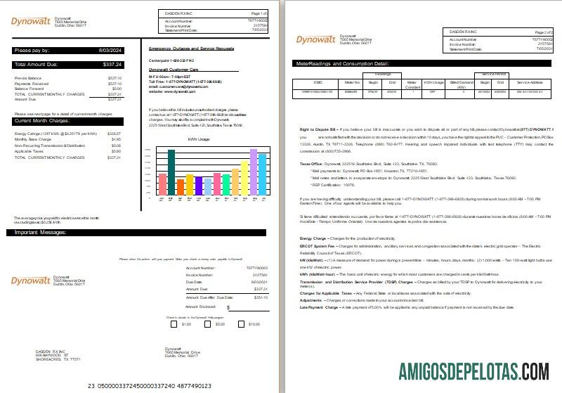 Nova York Dynowatt Electricity Business Utility Bill Formatos Word e PDF, 2 páginas exemplo real